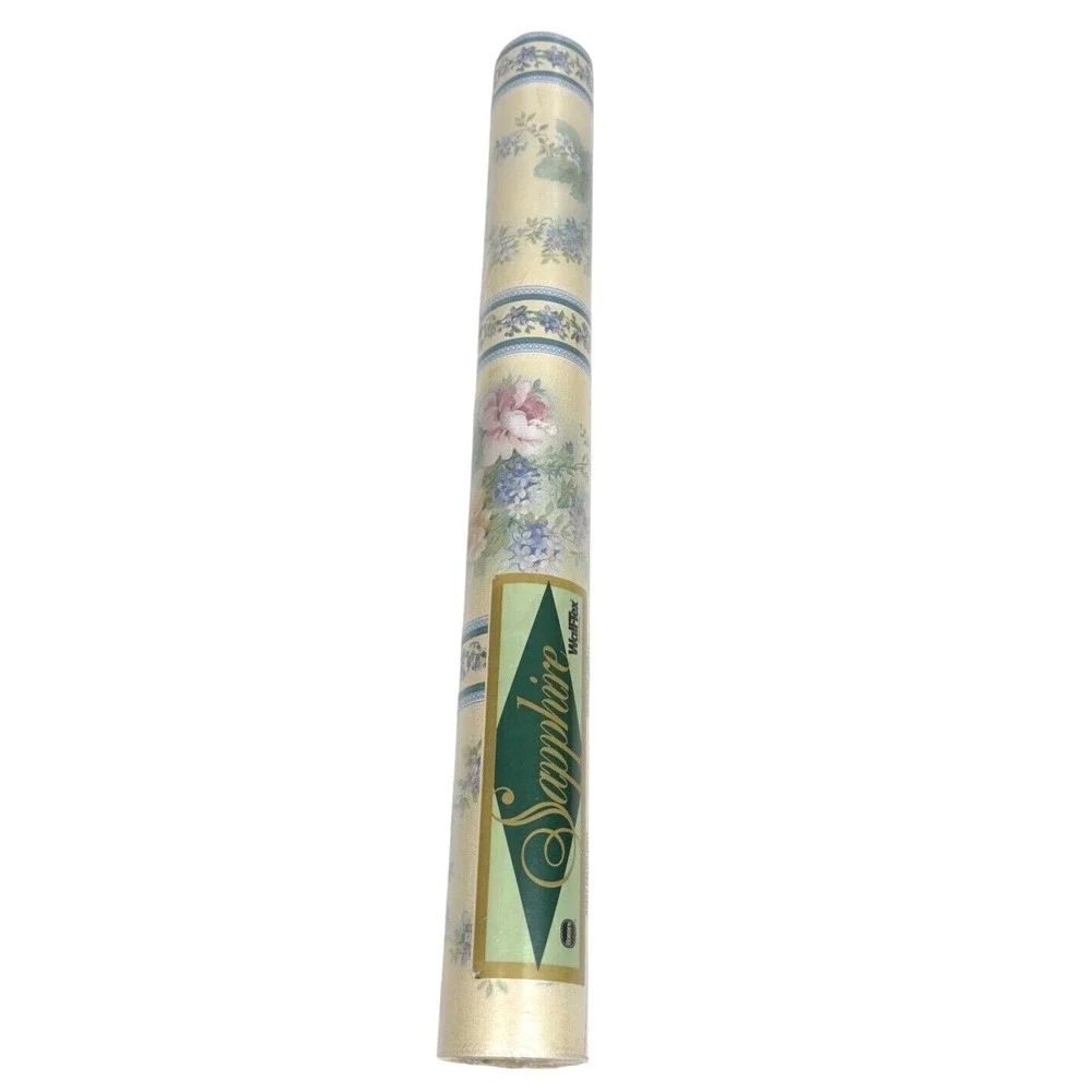 Vtg Sapphire Wallpaper Iridescent Floral Double Roll Ready Pasted 87802 NOS